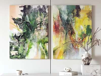Abstract Wall Art With Green Yellow Red Brushstrokes And Vase Books Cup On Shelf 3d model