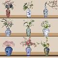 Blue And White Ceramic Vases With Floral Arrangements On Wooden Shelves