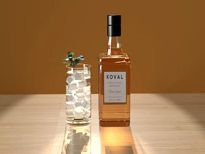 Glass Cup With Ice Cubes And Small Green Plant On Wooden Table Beside KOVIL Bottle 3d model
