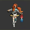 Game Anime Character with Orange Long Hair Blue White Outfit Yellow Skirt Holding Colorful Box