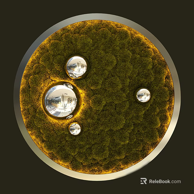 Circular Green Plant Wall With Gold Frame And Silver Spheres Decor 3d model