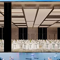 Spacious Modern Luxury Hotel Banquet Hall With Neatly Arranged Dining Tables And Chairs
