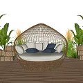 Oval Rattan Outdoor Sofa With White Cushions And Lush Green Plants
