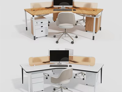L Shaped Office Desk With Computer Monitor Laptop Office Chair And Drawer Partitions 3d model