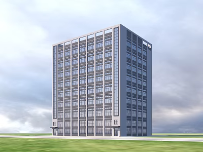 Modern Tall Office Building With Large Glass Windows Gray Exterior Green Lawn And Sky Background 3d model