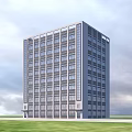 Modern Tall Office Building With Large Glass Windows Gray Exterior Green Lawn And Sky Background