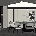 Modern Private Dining Room Interior With Round Table Comfortable Chairs Hanging Lamp And Decorative Artwork