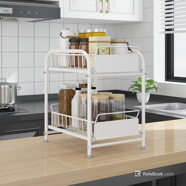 White Multi Tier Kitchen Rack With Storage Jars And Basket In Modern Kitchen 3d model