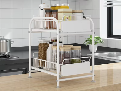White Multi Tier Kitchen Rack With Storage Jars And Basket In Modern Kitchen 3d model