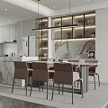 Modern Restaurant Interior Design With Dining Table Chairs Marble Backsplash And Pendant Lights 3d model