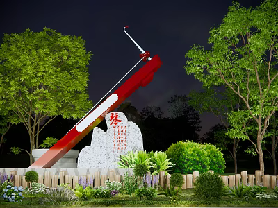 Red and White Inclined Sculpture with Stone Tablet in Night Garden Setting Surrounded by Trees 3d model