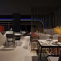 Modern Bar with Colorful Pendant Lights Black Wall Blue Lighting Large Screen Performer Dining Setup
