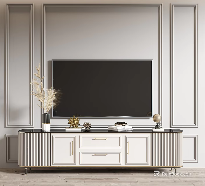 Modern TV Stand With White Cabinet Black Top Decorative Plants Books Globe And Wall Paneling 3d model 