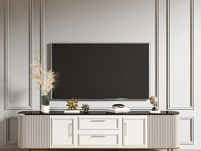 Modern TV Stand With White Cabinet Black Top Decorative Plants Books Globe And Wall Paneling 3d model