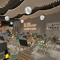 Modern Restaurant Interior With Wooden Tables Green Seats Round Pendant Lights And Refrigerated Display Cabinets