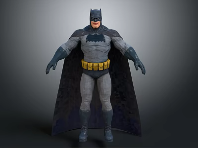 A Man In Batman Costume With Black Cape Gray Suit And Yellow Utility Belt 3d model
