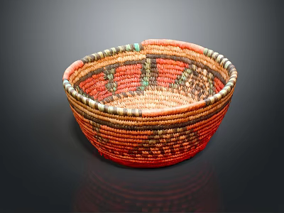 Handwoven Orange Red Basket With Intricate Colorful Patterns For Home Storage 3d model