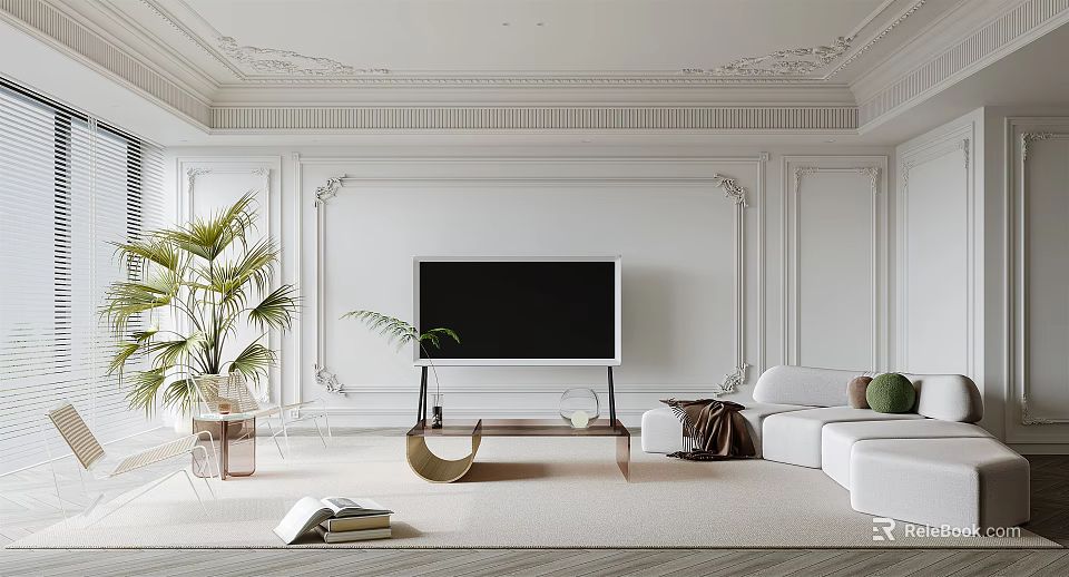 Elegant Living Room Interior With White Walls Moldings TV Stand White Sofa And Palm Plant 3d model 