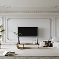 Elegant Living Room Interior With White Walls Moldings TV Stand White Sofa And Palm Plant