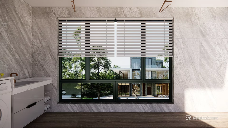 White Blinds For Large Window In Modern Interior With Marble Wall Wooden Floor 3d model 