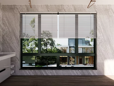 White Blinds For Large Window In Modern Interior With Marble Wall Wooden Floor 3d model