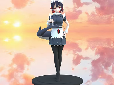 Woman in maid outfit standing on black base with orange red sunset sky and clouds 3d model