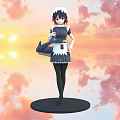 Woman in maid outfit standing on black base with orange red sunset sky and clouds