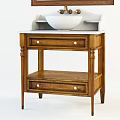 Wooden Washstand With Two Drawers Marble Countertop White Bowl Sink And Gold Faucet