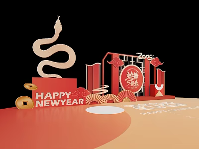2025 Snake Year New Year Photo Spot With Red Gold Decorations Fu Character And Lanterns 3d model