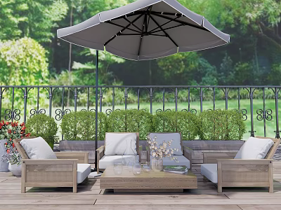 Outdoor Sofa Set With Coffee Table And Umbrella On Garden Patio With Green Plants 3d model