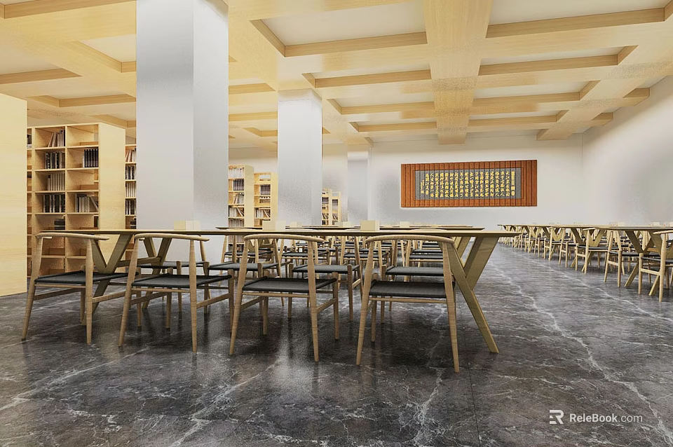 Artistic Modern Library Interior Design With Wooden Furniture And Bookshelves 3d model 