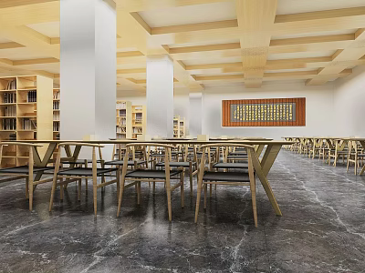 Artistic Modern Library Interior Design With Wooden Furniture And Bookshelves 3d model
