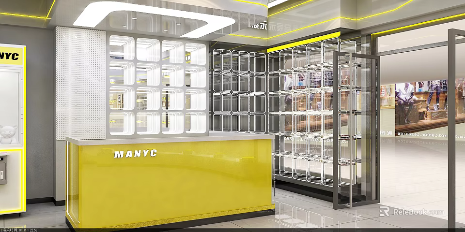 Modern Shop Front Desk Featuring Yellow Counter Glass Display Shelves And Grid Design 3d model 