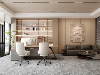 Modern Office Interior With Bookshelf Desk Computer White Chairs Sofa Plant And Wooden Wall Art 3d model