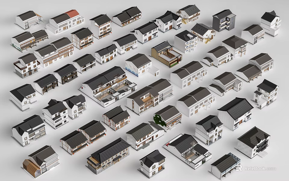 Rural Self Built Houses With Various Architectural Designs And Roof Styles 3d model 