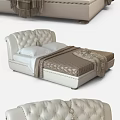 Double Bed with White Tufted Headboard Brown Quilted Comforter and Plaid Fringe Blanket