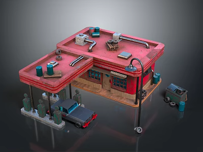 Red Roof Gas Station Building With Fuel Pumps Parked Car And Oil Drums 3d model