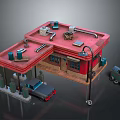 Red Roof Gas Station Building With Fuel Pumps Parked Car And Oil Drums