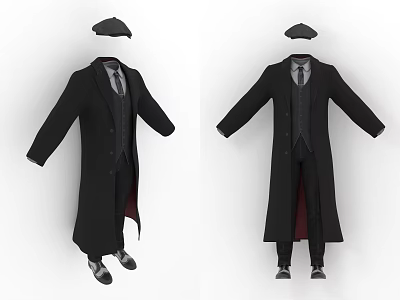 Men's Black Long Coat Outfit With Waistcoat Shirt Tie And Matching Hat 3d model