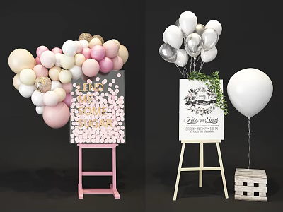 Decorative Party Supplies With Balloons Signs Vines And Wooden Crate Stands 3d model