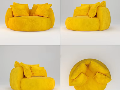 Cozy Yellow Velvet Single Sofa with Round Design and Soft Pillows 3d model