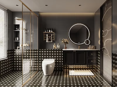 Modern Bathroom Interior Design With Glass Shower Round Mirror Vanity And Tiled Walls 3d model