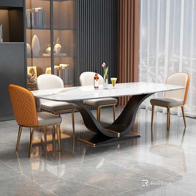 Modern Dining Table Set with White Tabletop Black Base and Gold Leg Orange White Chairs 3d model 