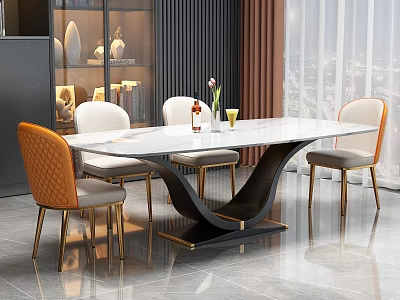 Modern Dining Table Set with White Tabletop Black Base and Gold Leg Orange White Chairs 3d model