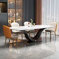 Modern Dining Table Set with White Tabletop Black Base and Gold Leg Orange White Chairs