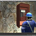 Man in Blue Hard Hat and Work Uniform Using Telephone Booth Next to Rocky Wall