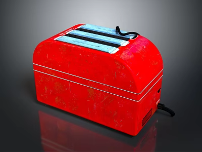 Red Vintage Retro Computer Case With Worn Texture Black Switch And Power Cable 3d model