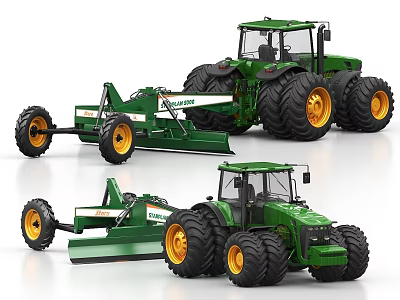 Agricultural Equipment Featuring Green Tractors With Large Yellow Rim Tires And Implements 3d model