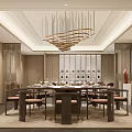 Modern Chinese Style Private Dining Room With Round Table Chandelier And Decorative Wall