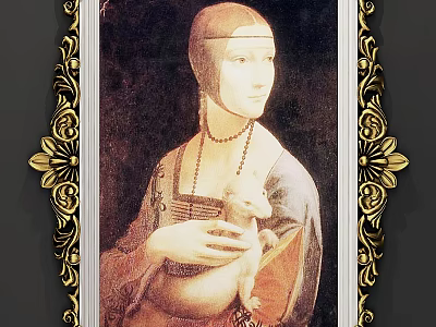 Portrait Painting Of Woman Holding Ermine With Ornate Frame 3d model